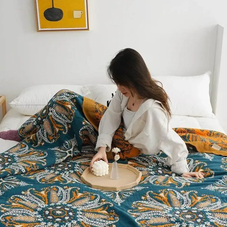 Geometrische Baumwollgaze-Decke – Stilvolles Sommer-Heimtextil für Erwachsene