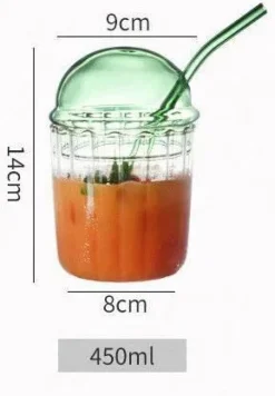 Gestreifter Glasbecher mit Deckel und Strohhalm – 450 ml für Kaffee, Saft, Milch, Tee