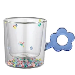 Glitzernde Blumentasse – 250 ml doppelwandiges Glas mit Blumengriff