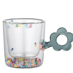 Glitzernde Blumentasse – 250 ml doppelwandiges Glas mit Blumengriff