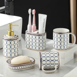Gold Ceramic Circle Print Bathroom Set - Elegant Decor for Home