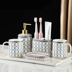 Gold Ceramic Circle Print Bathroom Set - Elegant Decor for Home