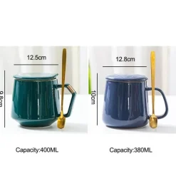 Goldenes Keramikbecher-Set mit Deckel und Löffel – 400 ml für Kaffee, Wasser und Milch