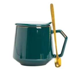 Goldenes Keramikbecher-Set mit Deckel und Löffel – 400 ml für Kaffee, Wasser und Milch