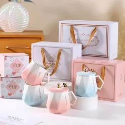 Gradient Diamond Tassenset für Paare – Keramik mit Deckel und Löffel