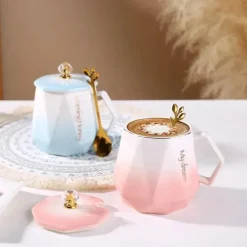 Gradient Diamond Tassenset für Paare – Keramik mit Deckel und Löffel