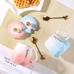 Gradient Diamond Tassenset für Paare – Keramik mit Deckel und Löffel