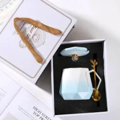 Gradient Diamond Tassenset für Paare – Keramik mit Deckel und Löffel