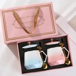 Gradient Diamond Tassenset für Paare – Keramik mit Deckel und Löffel