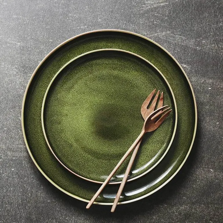 Grüne Keramik-Essteller – Retro, flacher Nudelsalat, 4er-Set