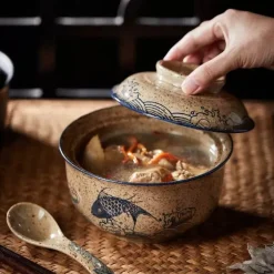 Große Keramik-Ramenschüssel mit Deckel – Retro-Suppen- und Salatteller