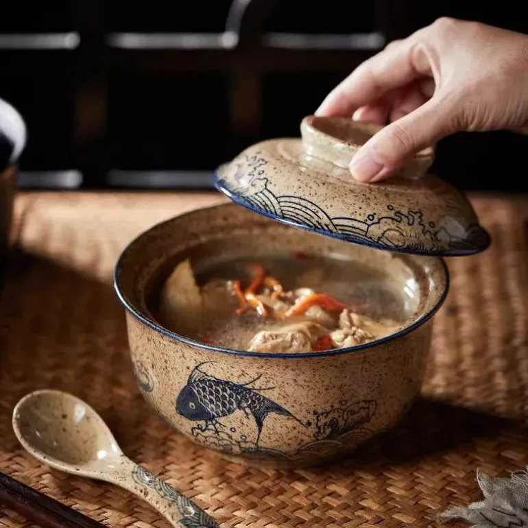 Große Keramik-Ramenschüssel mit Deckel – Retro-Suppen- und Salatteller