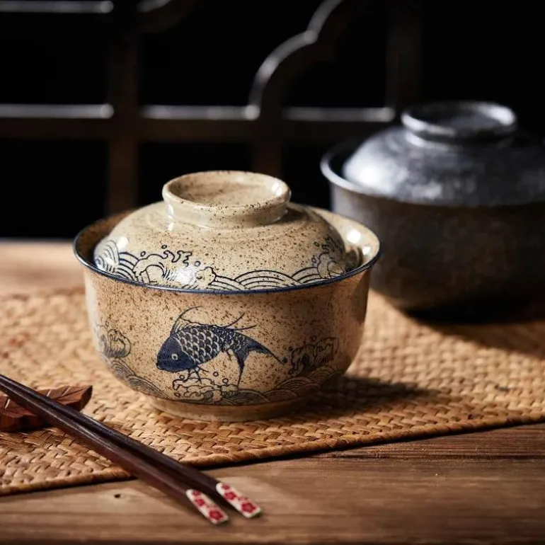 Große Keramik-Ramenschüssel mit Deckel – Retro-Suppen- und Salatteller