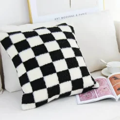 Hahnentritt-Kissenbezug - Schwarz-weißer Kissenbezug mit Schleife, 30 x 50 cm