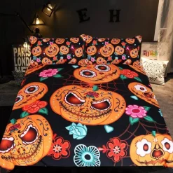 Halloween Kürbis Blumen Bettbezug Set - Festliche Bettwäsche