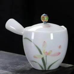 Handbemalte weiße Teekanne – Verbrühungssicheres Kung-Fu-Teeset mit seitlichem Griff