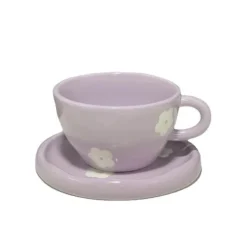 Handbemaltes Kaffeetassen- und Untertassen-Set mit lila Blumen - Teeservice aus Keramik