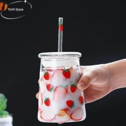 Handgefertigtes Glasbecher-Set – 600 ml Erdbeer-Kaltgetränkebecher mit Trinkhalmen