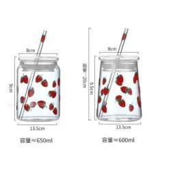 Handgefertigtes Glasbecher-Set – 600 ml Erdbeer-Kaltgetränkebecher mit Trinkhalmen