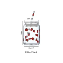 Handgefertigtes Glasbecher-Set – 600 ml Erdbeer-Kaltgetränkebecher mit Trinkhalmen