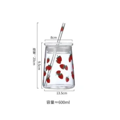 Handgefertigtes Glasbecher-Set – 600 ml Erdbeer-Kaltgetränkebecher mit Trinkhalmen