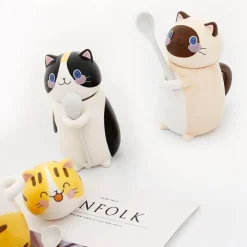 Handgemachte Katzen-Kaffeetasse mit Löffel - Süße Keramiktasse