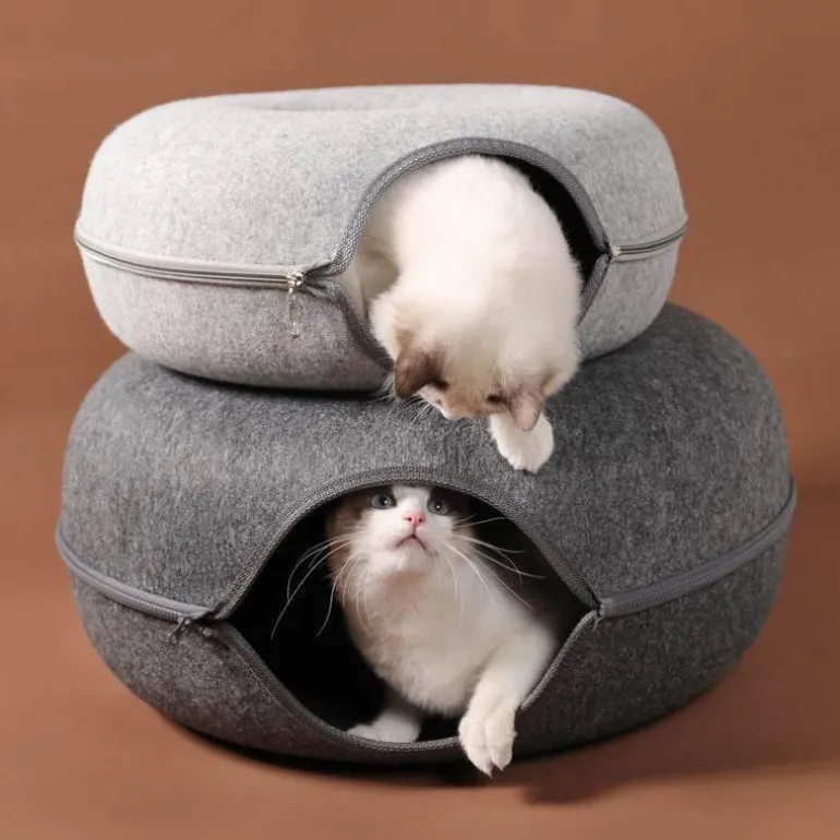 Haustierhöhlenbett aus natürlichem Filz – gemütliches Donut-Katzen- und Hundebett
