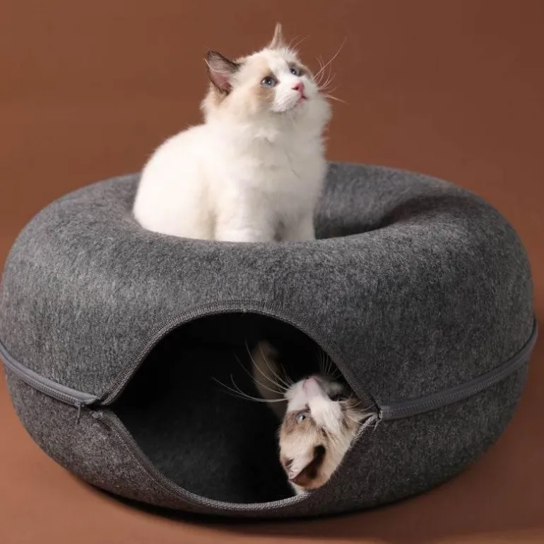 Haustierhöhlenbett aus natürlichem Filz – gemütliches Donut-Katzen- und Hundebett