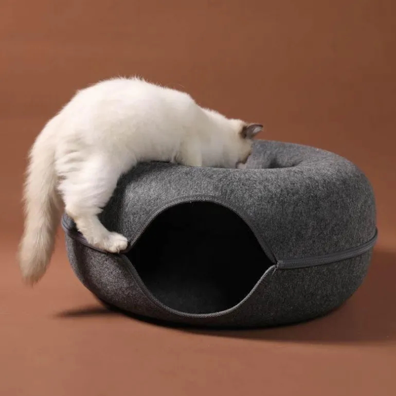 Haustierhöhlenbett aus natürlichem Filz – gemütliches Donut-Katzen- und Hundebett