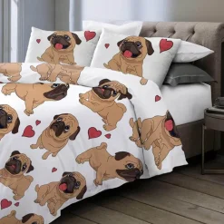 Hippie-Mops-Welpen-Bettwäscheset – 3-teiliges Cartoon-Bettbezug-Komfortset