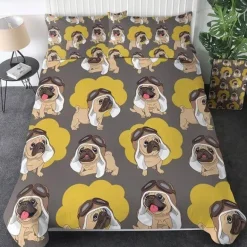 Hippie-Mops-Welpen-Bettwäscheset – 3-teiliges Cartoon-Bettbezug-Komfortset