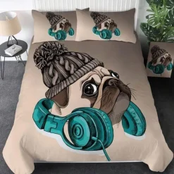 Hippie-Mops-Welpen-Bettwäscheset – 3-teiliges Cartoon-Bettbezug-Komfortset