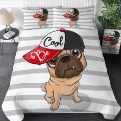 Hippie-Mops-Welpen-Bettwäscheset – 3-teiliges Cartoon-Bettbezug-Komfortset