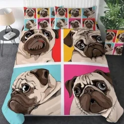 Hippie-Mops-Welpen-Bettwäscheset – 3-teiliges Cartoon-Bettbezug-Komfortset
