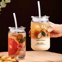 Hitzebeständige Milchteetassen aus Glas mit Strohhalm - Klare Wassergläser