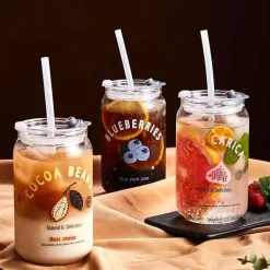 Hitzebeständige Milchteetassen aus Glas mit Strohhalm - Klare Wassergläser