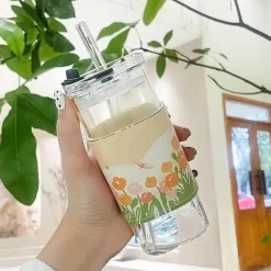 Hitzebeständiger Tulpenglasbecher mit Strohhalm – Klares Trinkgeschirr für Kaffee und Tee