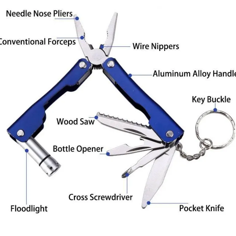 9-in-1-Multitool aus Aluminium mit Schlüsselanhänger – kompaktes, tragbares Entdeckerwerkzeug