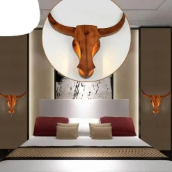 Iron and Wood Bull LED Light - Rustic Decorative Lamp