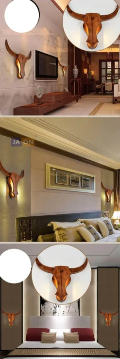 Iron and Wood Bull LED Light - Rustic Decorative Lamp