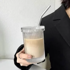 Japanisches Glasbecher-Set mit Strohhalm – Kaffee- und Teebecher mit Deckel