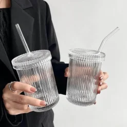 Japanisches Glasbecher-Set mit Strohhalm – Kaffee- und Teebecher mit Deckel