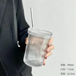 Japanisches Glasbecher-Set mit Strohhalm – Kaffee- und Teebecher mit Deckel