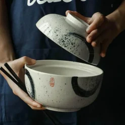 Japanisches Ramen-Schüsseln-Set aus Keramik – Nudelsuppen- und Reisschüsseln mit Deckel
