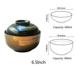 Japanisches Ramen-Schüsseln-Set aus Keramik – Nudelsuppen- und Reisschüsseln mit Deckel