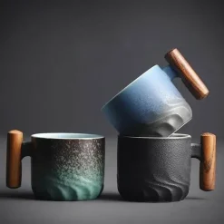 Kaffeetasse aus Keramik mit Holzgriff – Tasse mit Farbverlaufsglasur für das Homeoffice