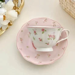 Kaffeetassen-Set aus Keramik mit Blumenmuster und rosa Rosen und Kaninchenmotiv – 250 ml