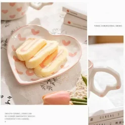 Kaffeetassen-Set mit Herzhenkel – handbemalte rosa Herzen, 250 ml