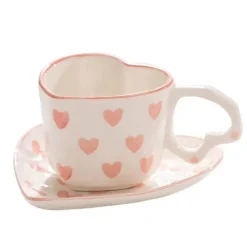 Kaffeetassen-Set mit Herzhenkel – handbemalte rosa Herzen, 250 ml