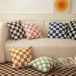 Karierte Flockkissenhülle - Schwarz Orange Grün Dekokissen